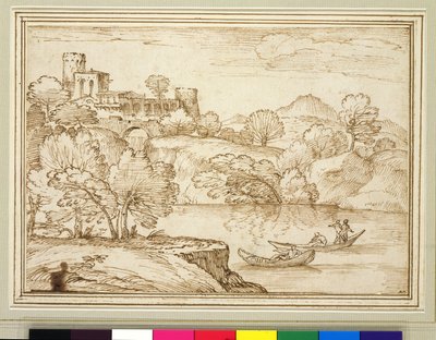 Classical landscape with boats on a lake below a castle by Giovanni F. Grimaldi